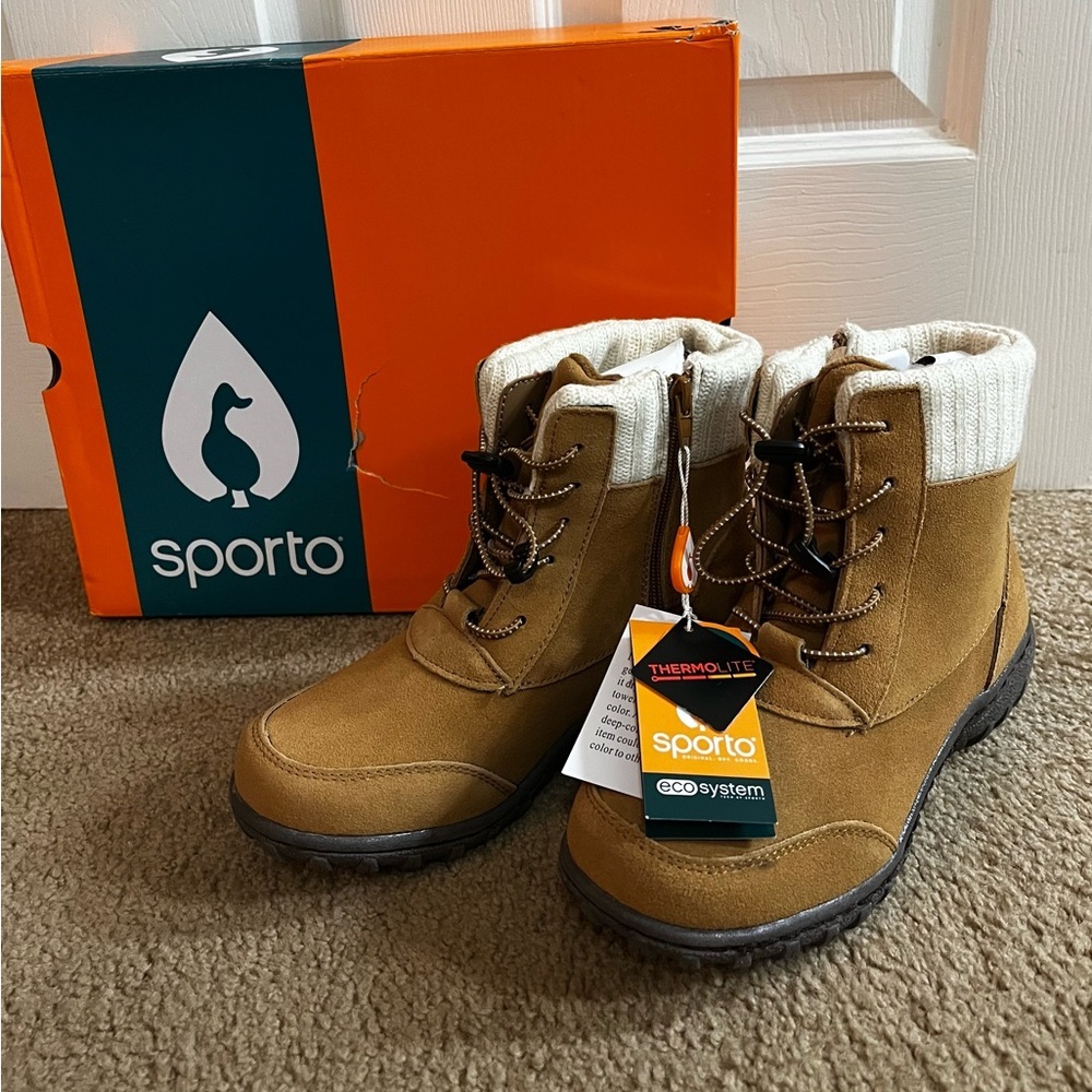 Sporto/BOHO NWT Suede Ankle Boots Camel color and Cream Knit Cuffs size 6.5 - Picture 1 of 10